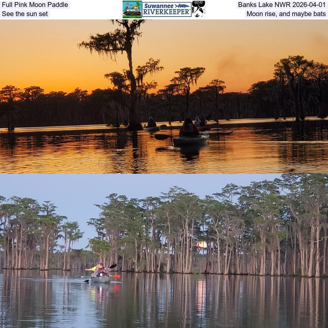 Full Pink Moon Paddle, Banks Lake NWR 2026-04-01, See the sun set, Moon rise, and maybe bats