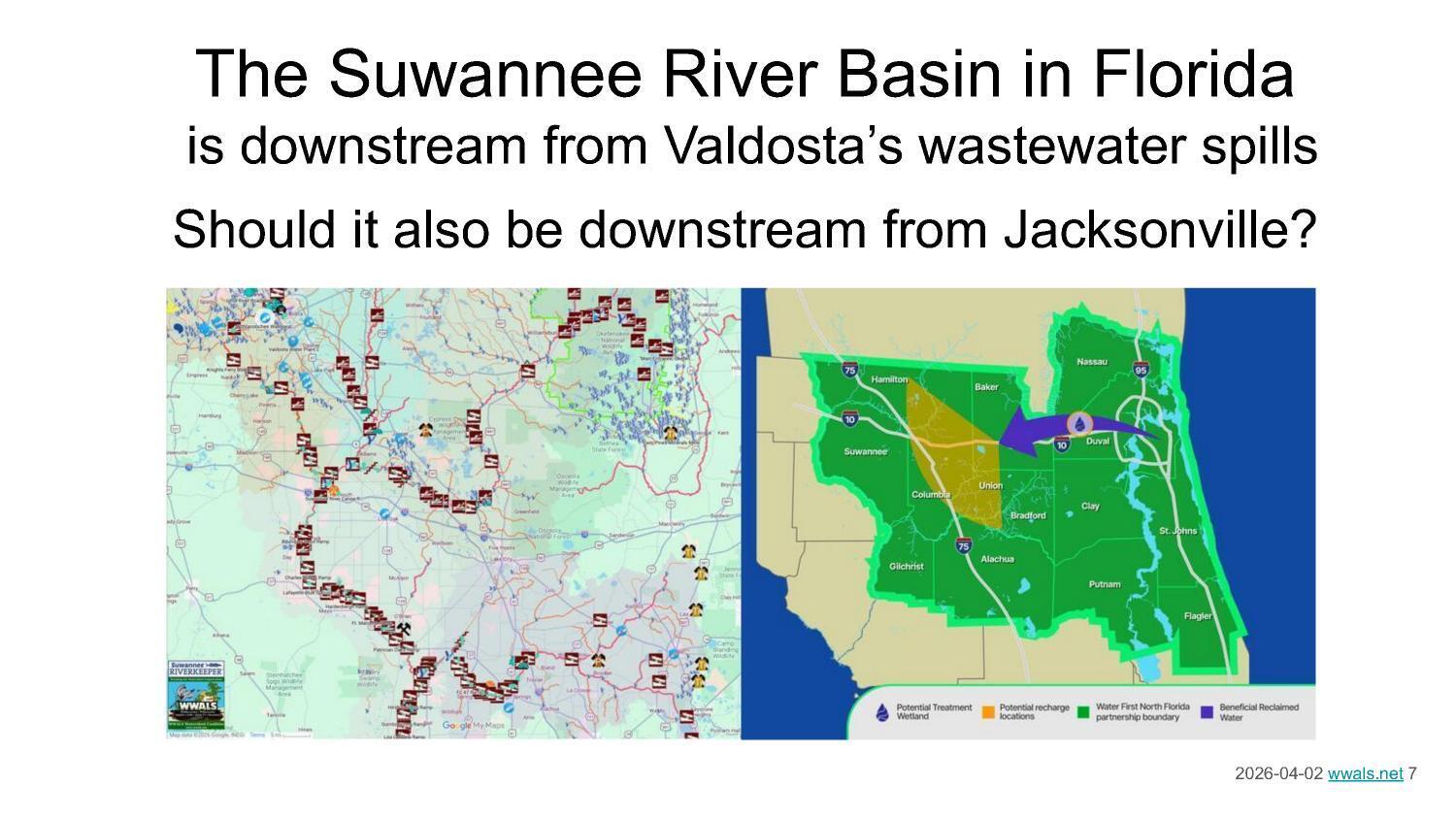 The Suwannee River Basin in Florida is downstream from Valdosta’s wastewater spills; should it also be downstream of Jacksonville?