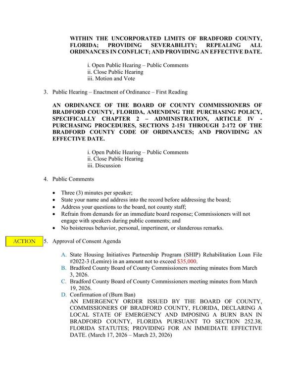 Public Hearing, Public Comments, Consent Agenda