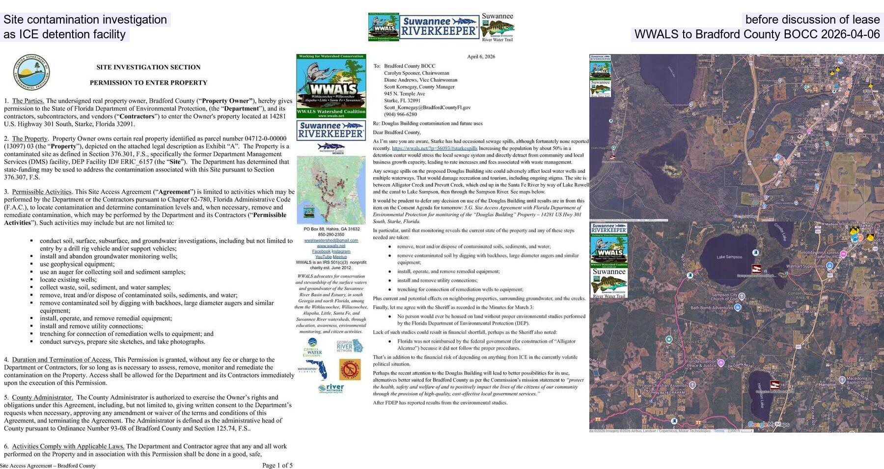 Site contamination investigation before discussion of lease as ICE detention facility, WWALS to Bradford County BOCC 2026-04-06