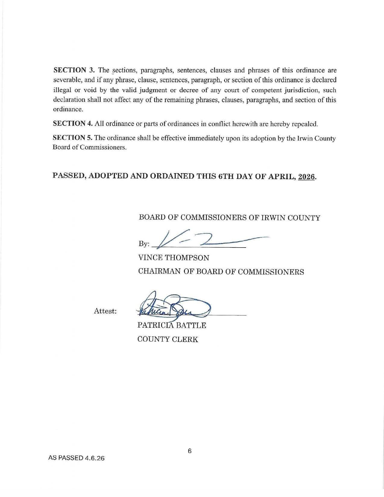 PASSED, ADOPTED AND ORDAINED THIS 6TH DAY OF APRIL, 2026.