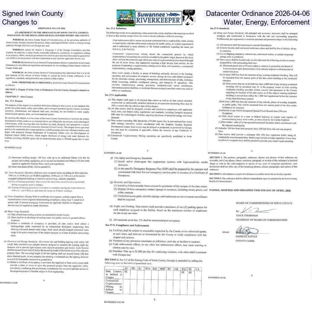 Signed Irwin County Datacenter Ordinance 2026-04-06, Changes to Water, Energy, Enforcement