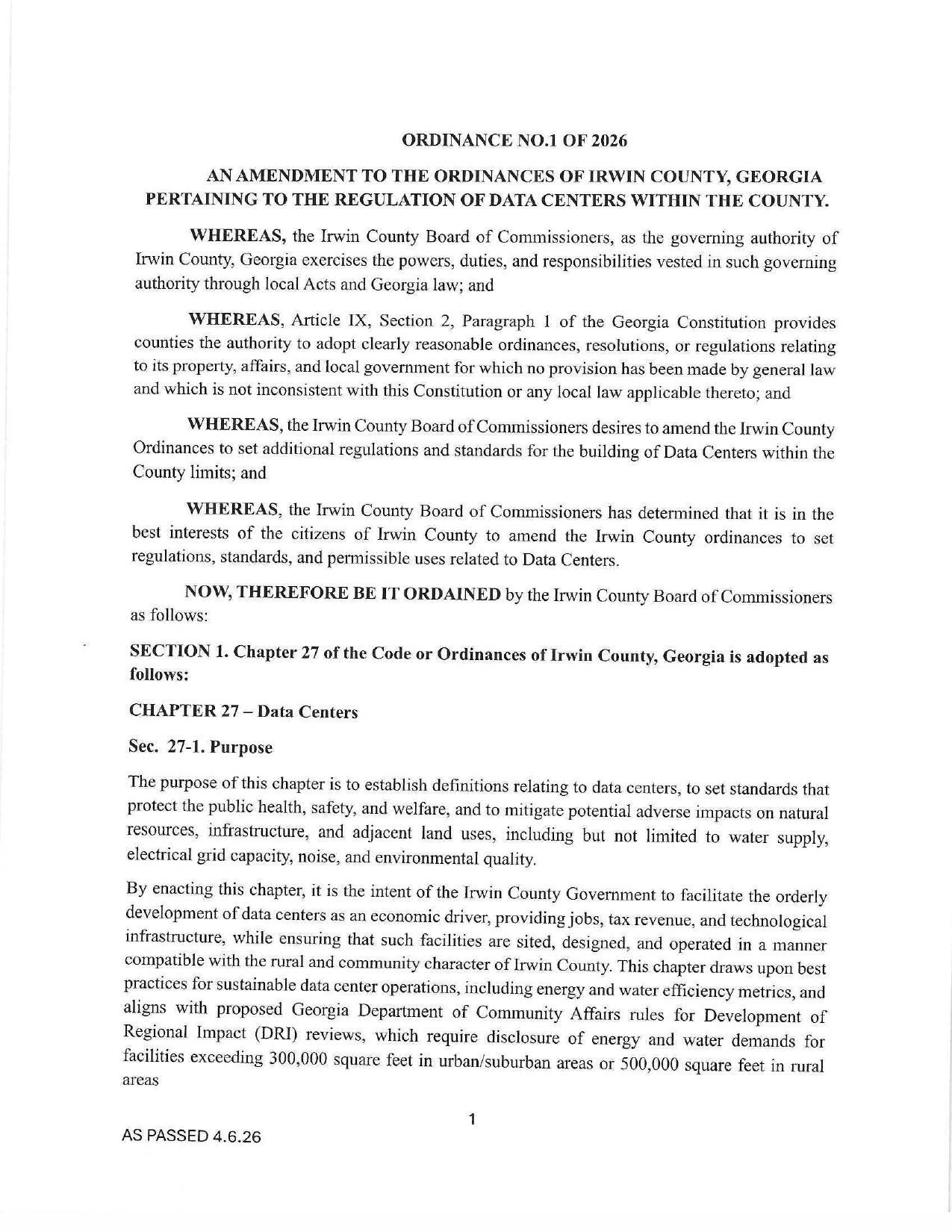 Ordinance No.1 of 2026: DATA CENTERS