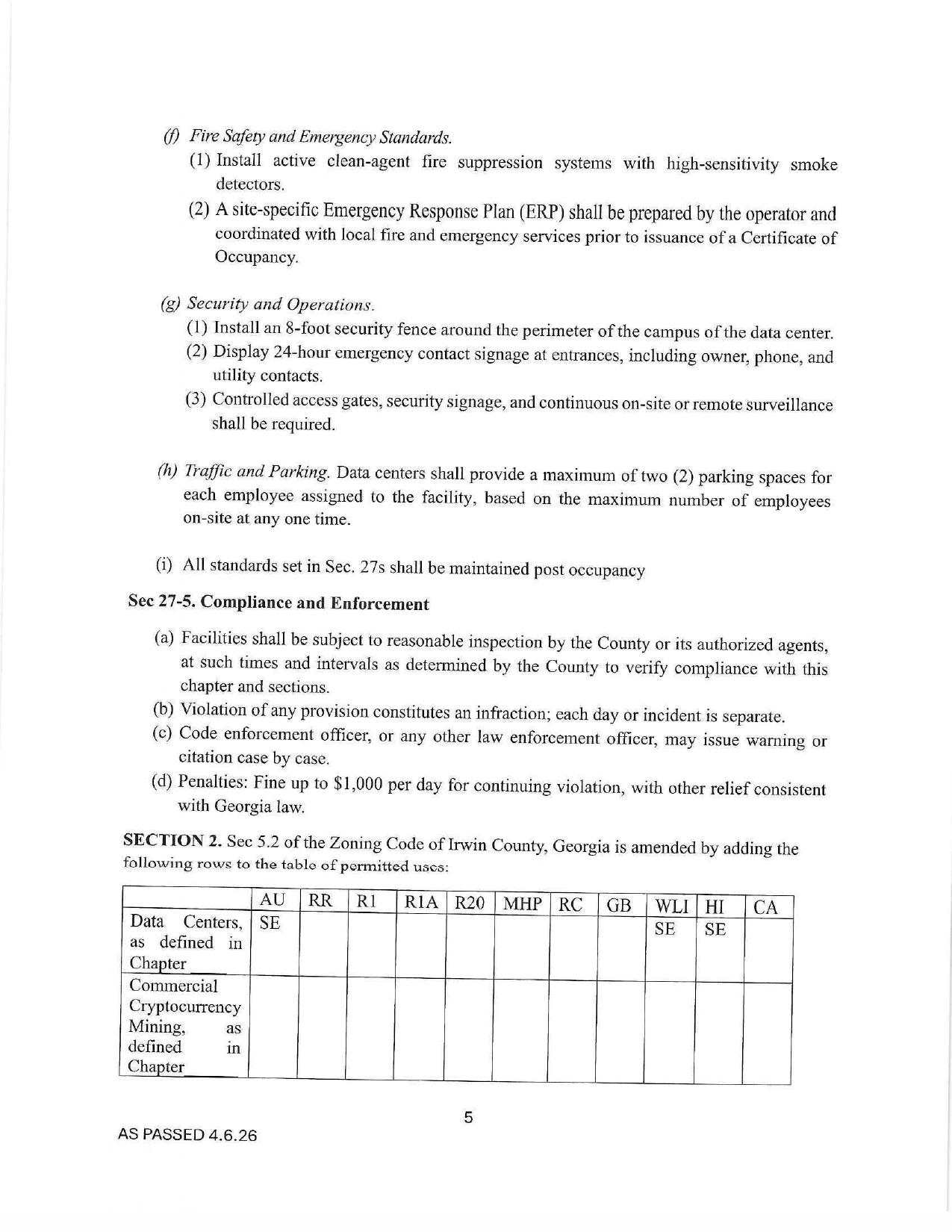 27-5. Compliance and Enforcement; Land Use Section 5-2 Table