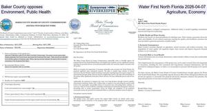 [Baker County opposes Water First North Florida 2026-04-07, Environment, Public Health, Agriculture, Economy]