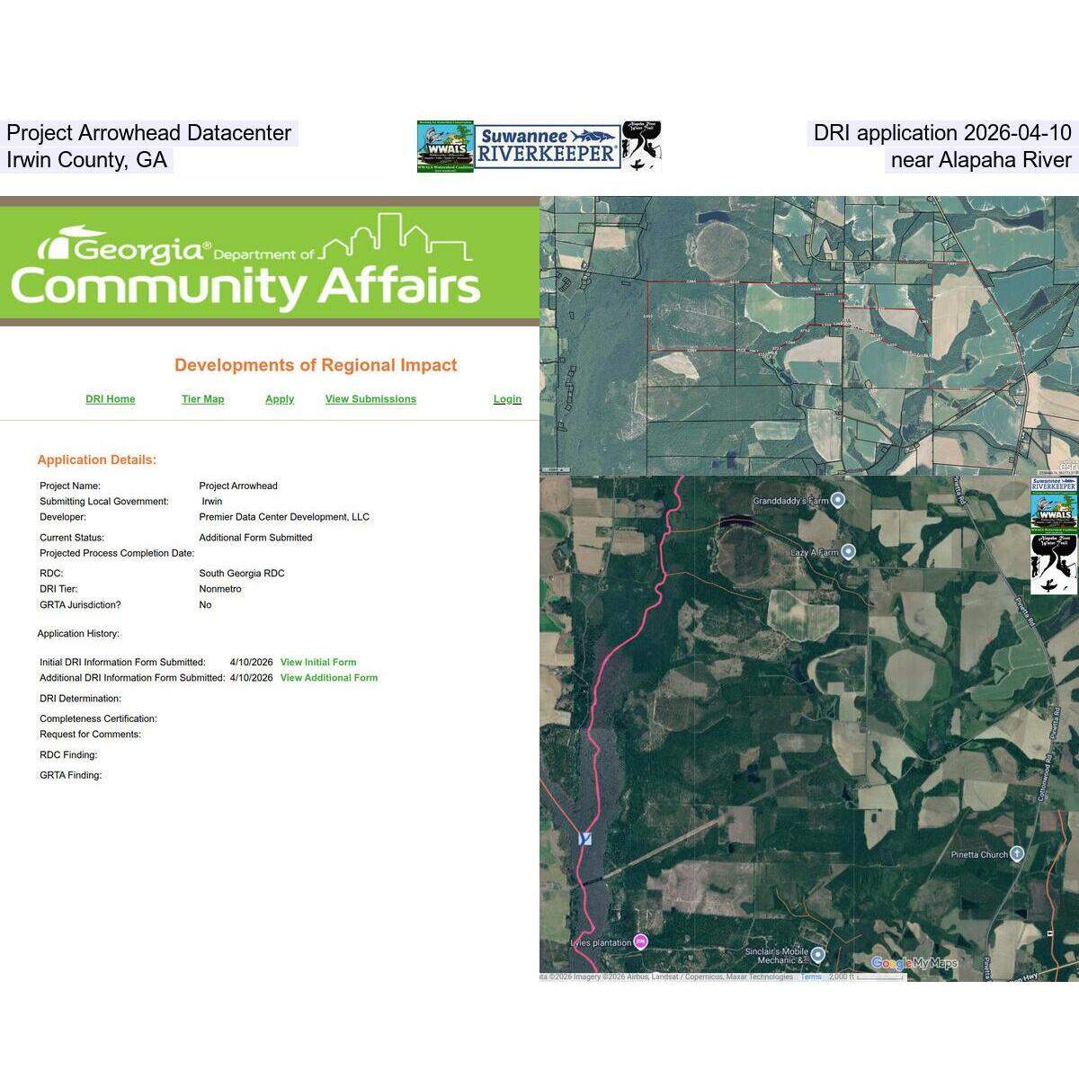 Project Arrowhead Datacenter DRI application 2026-04-10, Irwin County, GA, near Alapaha River