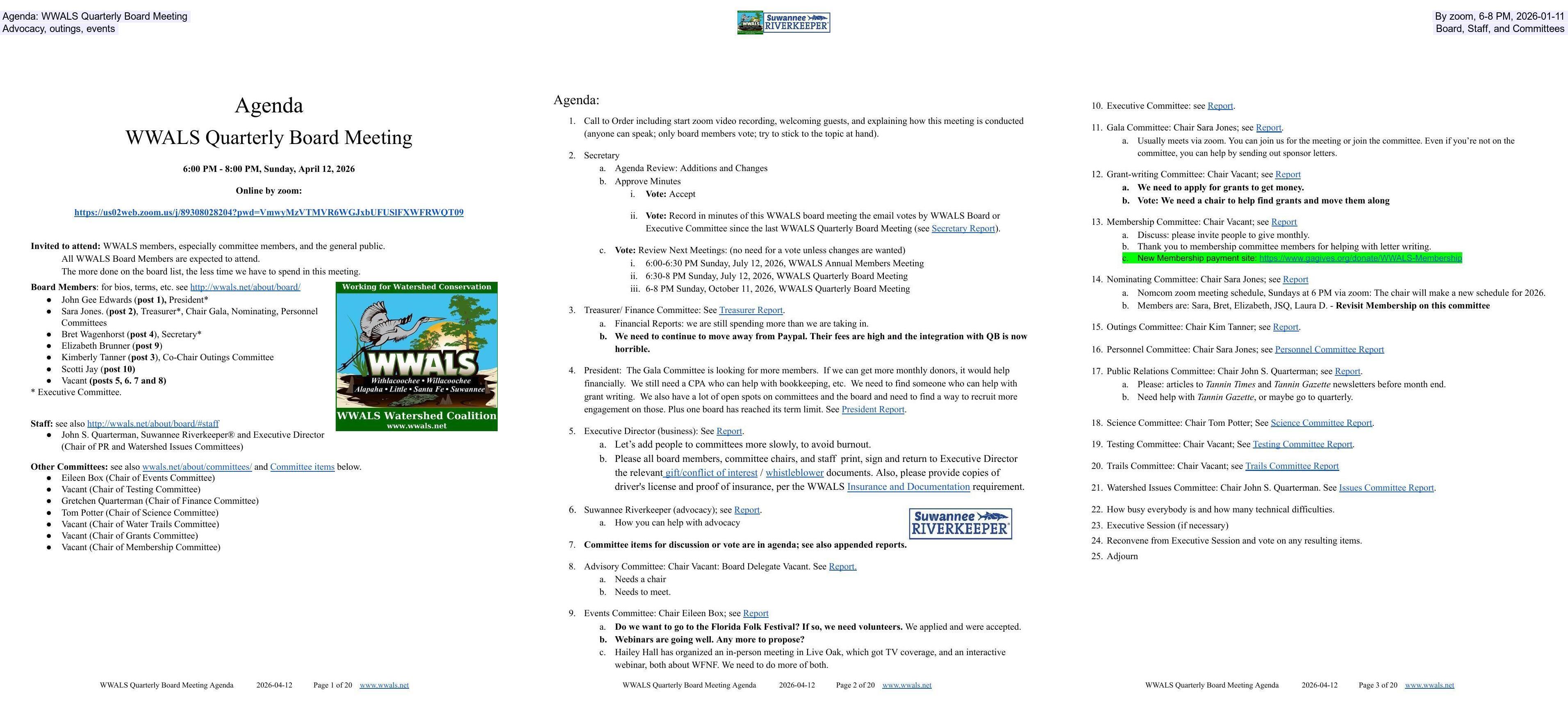 Agenda: WWALS Quarterly Board Meeting, By zoom, 6-8 PM, 2026-01-11, Advocacy, outings, events, Board, Staff, and Committees