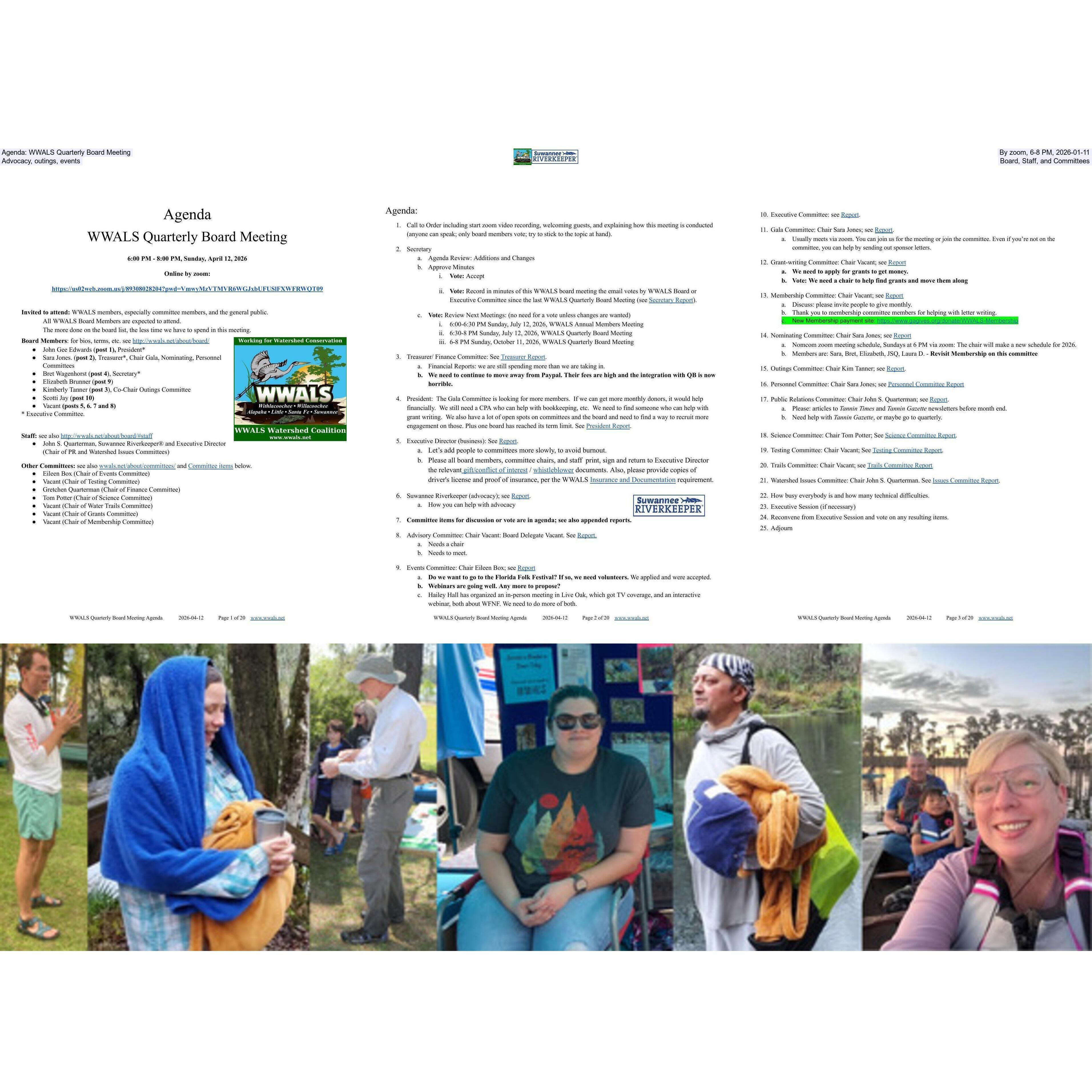 Agenda: WWALS Quarterly Board Meeting, By zoom, 6-8 PM, 2026-01-11, Advocacy, outings, events, Board, Staff, and Committees