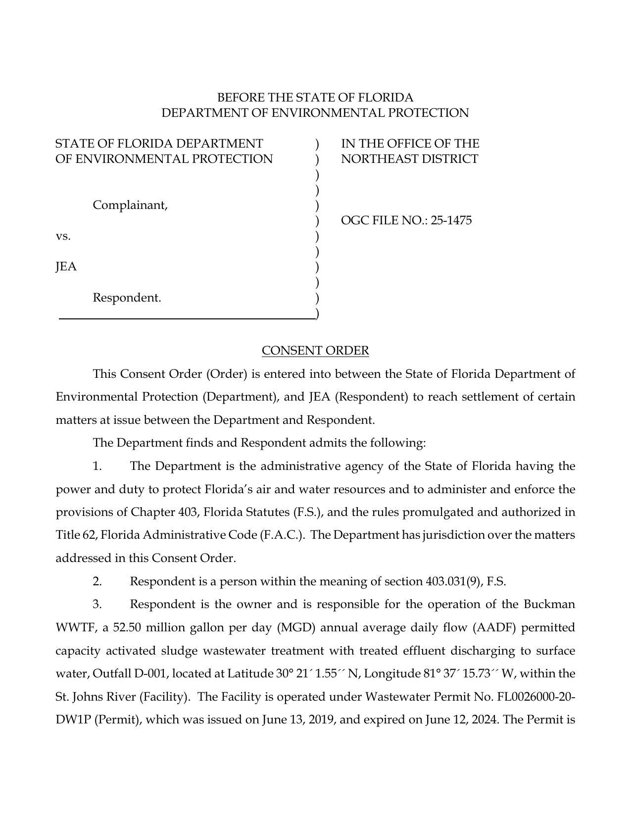 Consent Order on JEA Buckman wastewater plant, 2025-09-15 OGC FILE NO.: 25-1475 --FDEP