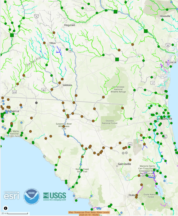 [Map: Suwannee River Basin Water Levels, 2026-04-18 --NOAA]