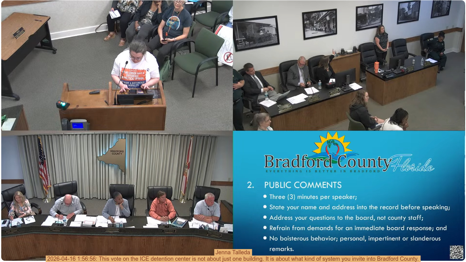 Jenna Talleda, 2026-04-16 1:56:56: This vote on the ICE detention center is not about just one building. It is about what kind of system you invite into Bradford County.