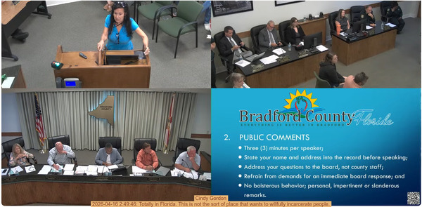 Cindy Gordon, 2026-04-16 2:49:46: Totally in Florida. This is not the sort of place that wants to willfully incarcerate people.