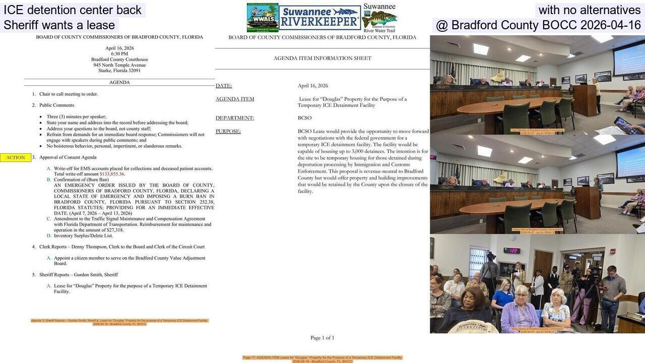 ICE detention center back, with no alternatives, Sheriff wants a lease @ Bradford County BOCC 2026-04-16
