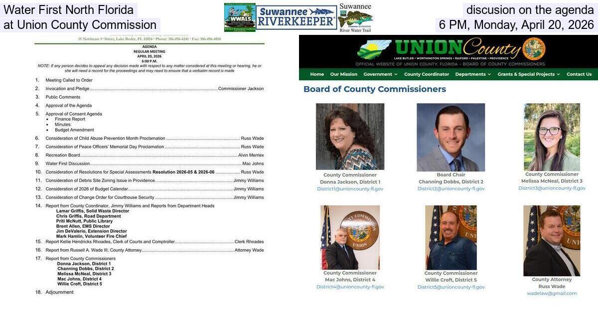 Water First North Florida discusion on the agenda at Union County Commission, 6 PM, Monday, April 20, 2026