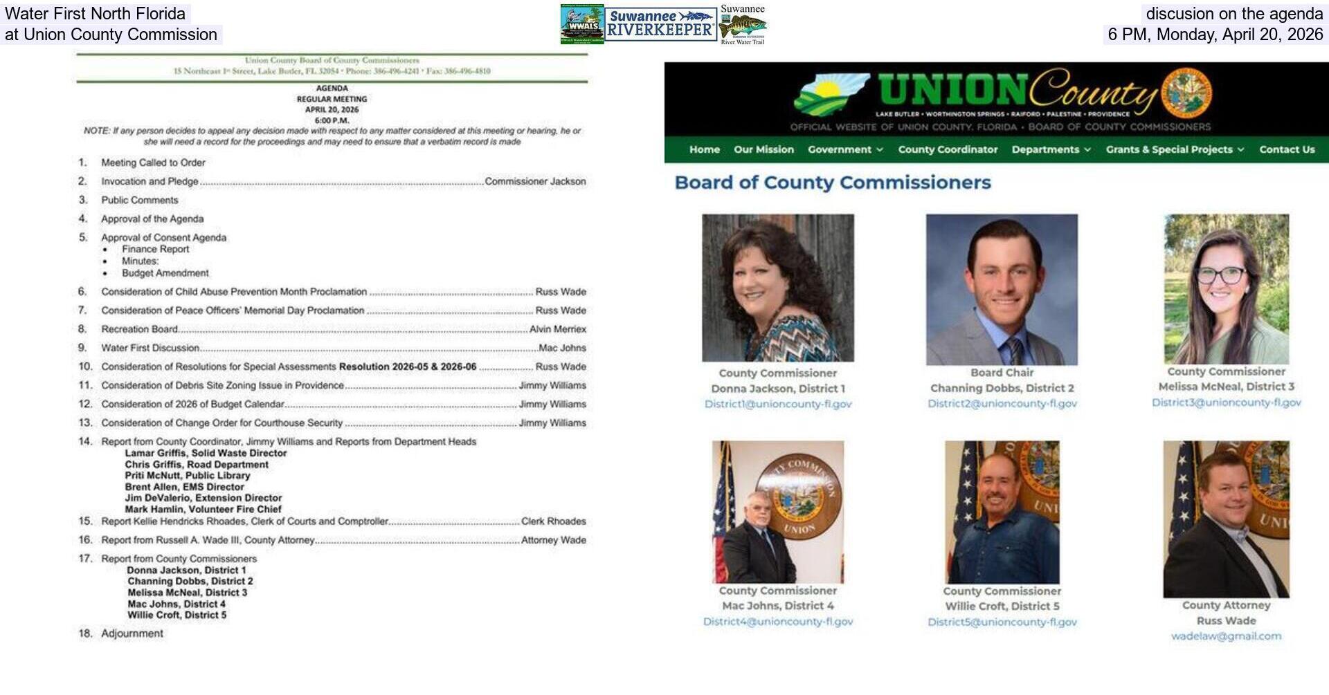 Water First North Florida discusion on the agenda at Union County Commission, 6 PM, Monday, April 20, 2026