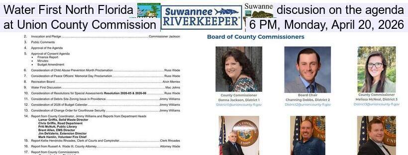 Water First North Florida discusion on the agenda at Union County Commission, 6 PM, Monday, April 20, 2026