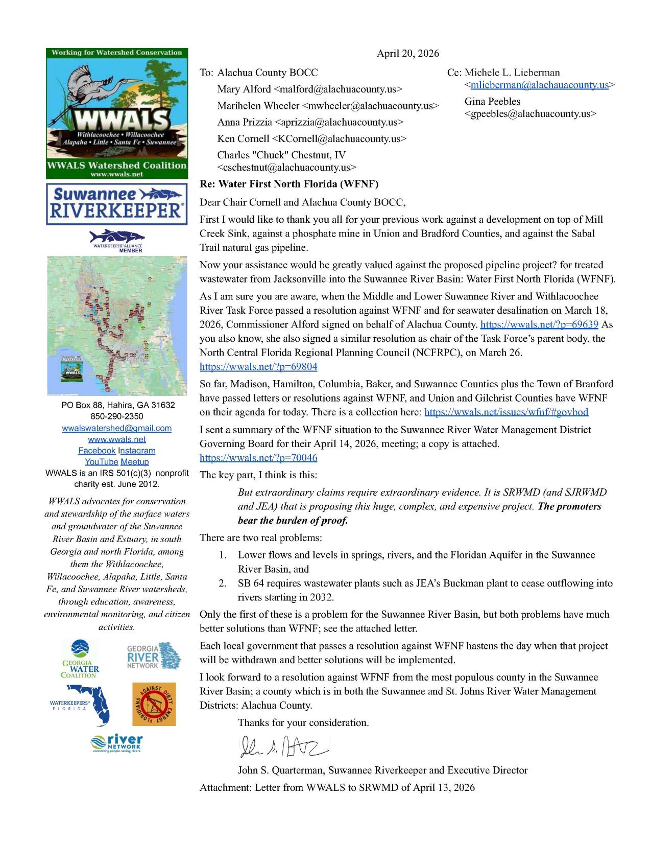 WFNF, 2026-04-20 --WWALS to Alachua County BOCC
