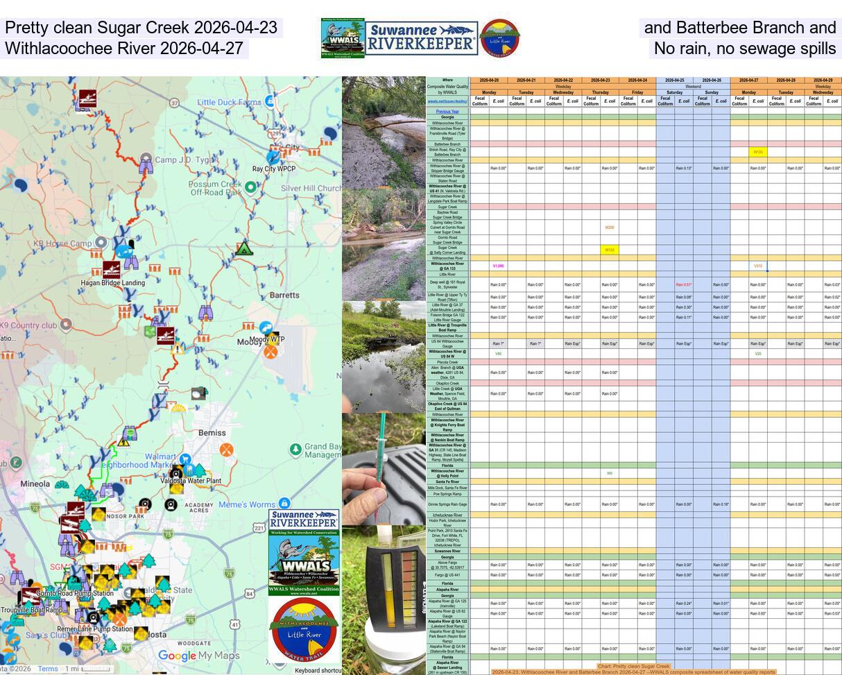 [Pretty clean Sugar Creek 2026-04-23, and Batterbee Branch and Withlacoochee River 2026-04-27, No rain, no sewage spills]