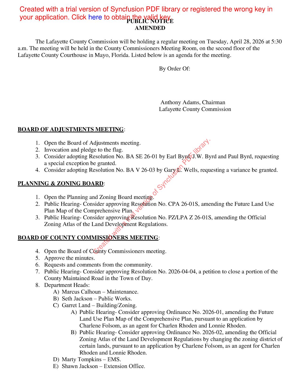 Agenda, 5:30 PM, Courthouse, Mayo, FL, 2026-04-28 --Lafayette County BOCC