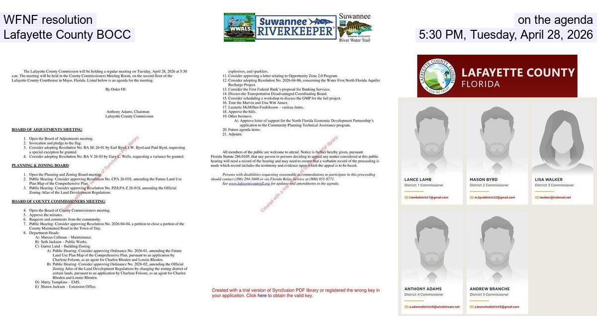 WFNF resolution on the agenda, Lafayette County BOCC, 5:30 PM, Tuesday, April 28, 2026