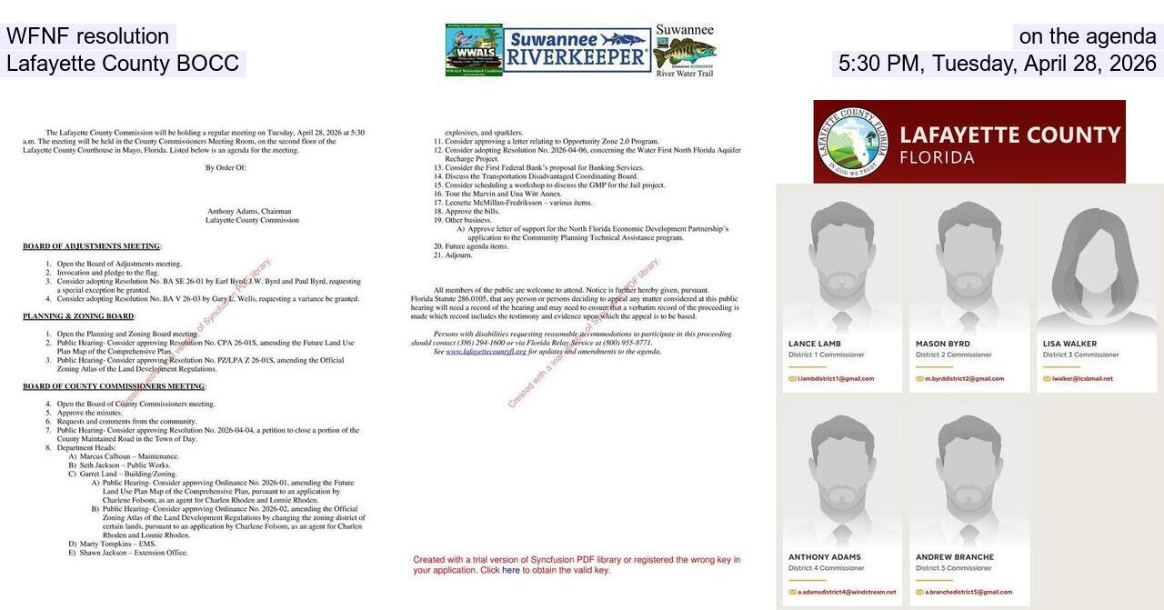 WFNF resolution on the agenda, Lafayette County BOCC, 5:30 PM, Tuesday, April 28, 2026