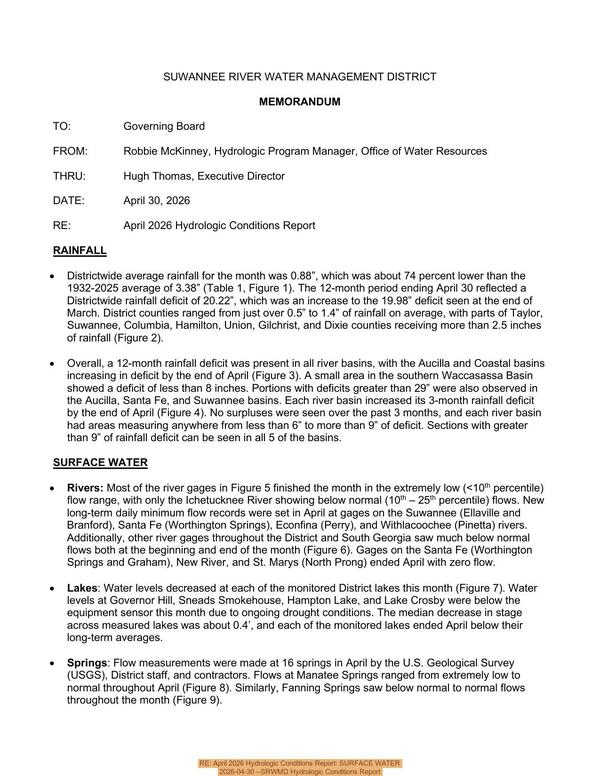 [RE: April 2026 Hydrologic Conditions Report: SURFACE WATER, 2026-04-30 --SRWMD Hydrologic Conditions Report]