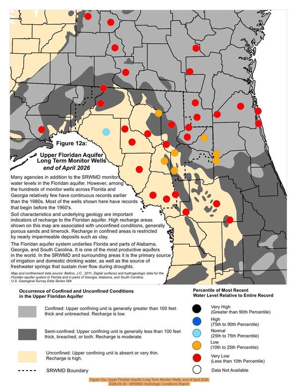 Figure 12a: Upper Floridan Aquifer Long Term Monitor Wells, end of April 2026, 2026-04-30 --SRWMD Hydrologic Conditions Report