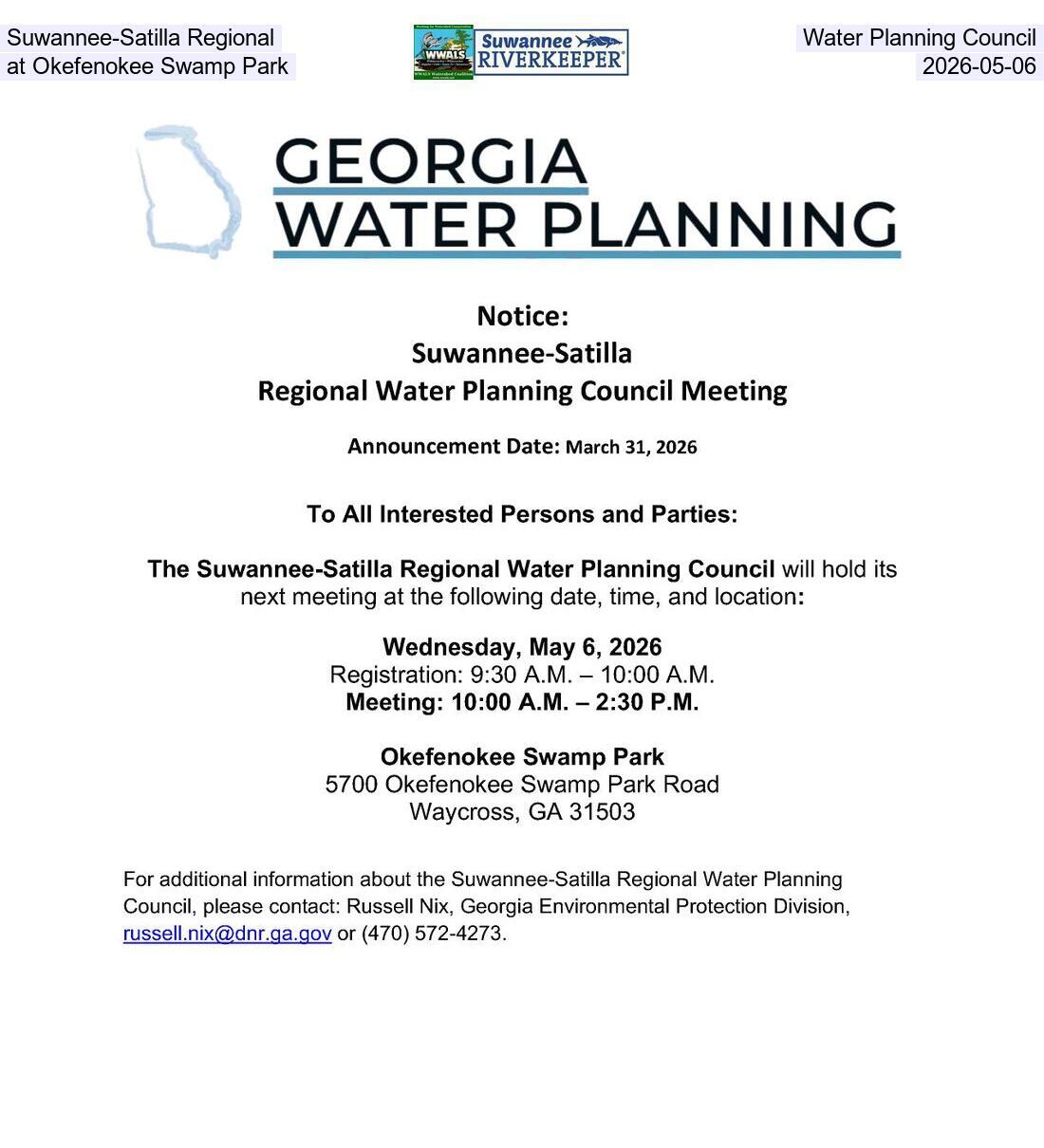 Suwannee-Satilla Regional Water Planning Council at Okefenokee Swamp Park, 2026-05-06