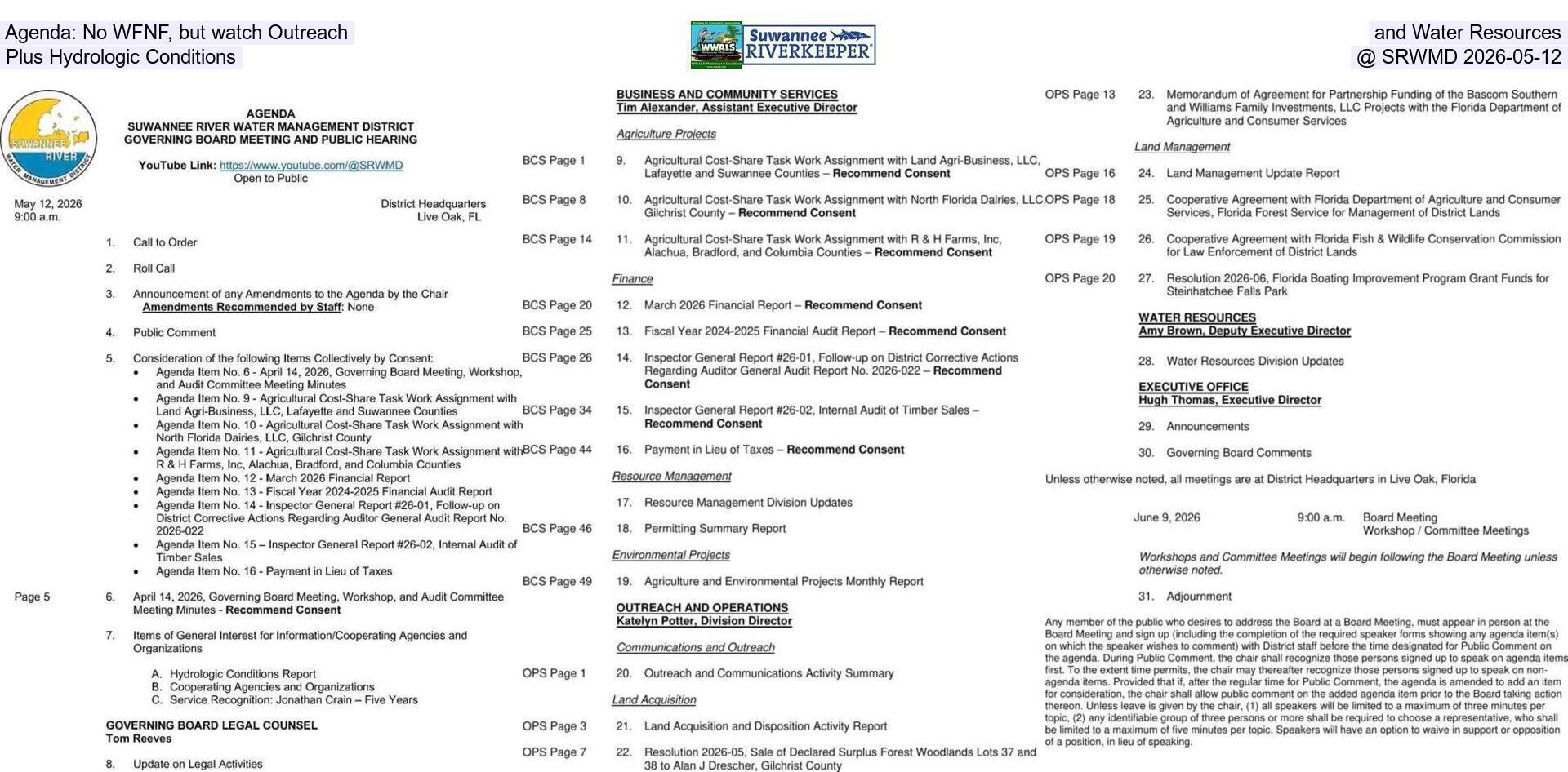 [Agenda: No WFNF, but watch Outreach and Water Resources, Plus Hydrologic Conditions @ SRWMD 2026-05-12]