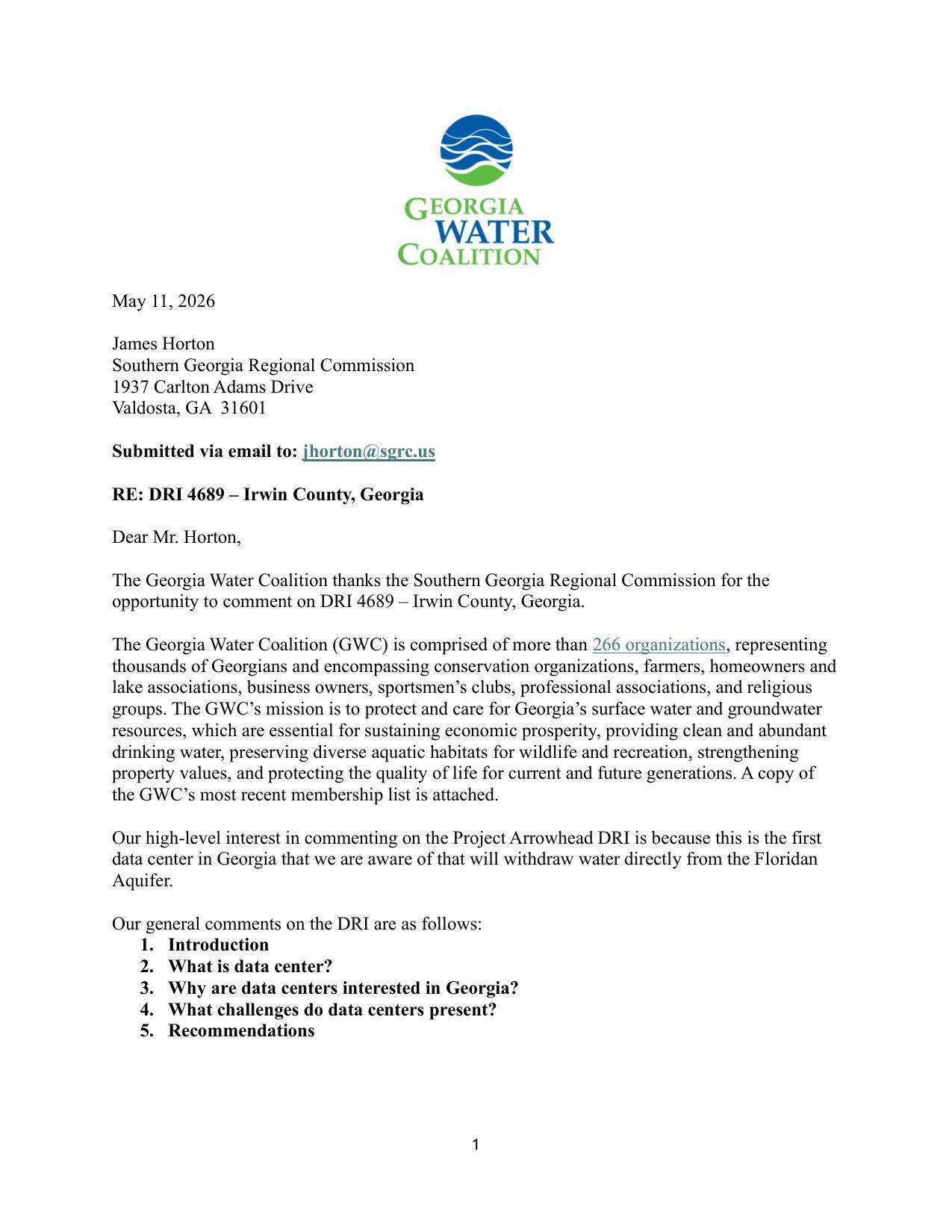 the first data center in Georgia that we are aware of that will withdraw water directly from the Floridan Aquifer. --Georgia Water Coalition
