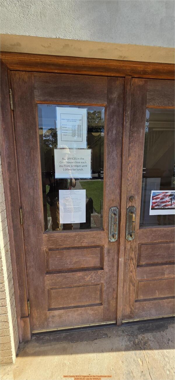 Irwin County BOCC Agenda on the Courthouse door, 2026-05-20 --jsq for WWALS