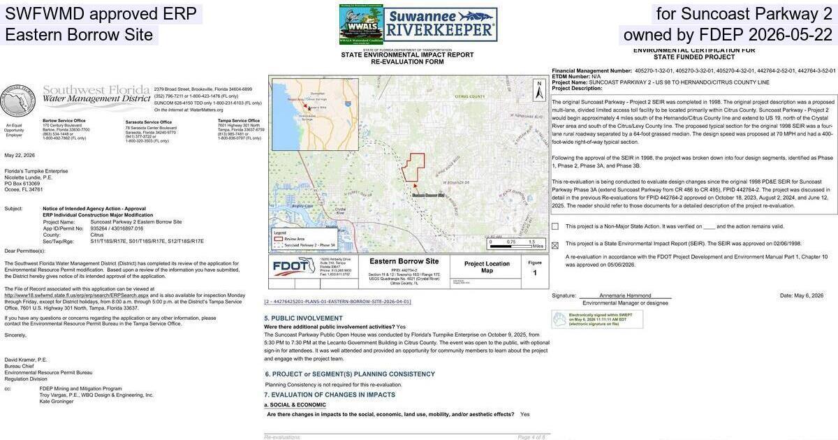 SWFWMD approved ERP, for Suncoast Parkway 2, Eastern Borrow Site, owned by FDEP 2026-05-22