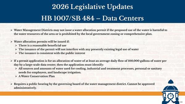 Water allocation permits, Legislative Updates: HB 1007/SB 484 — Data Centers, 2026-05-26 --Citrus County BOCC
