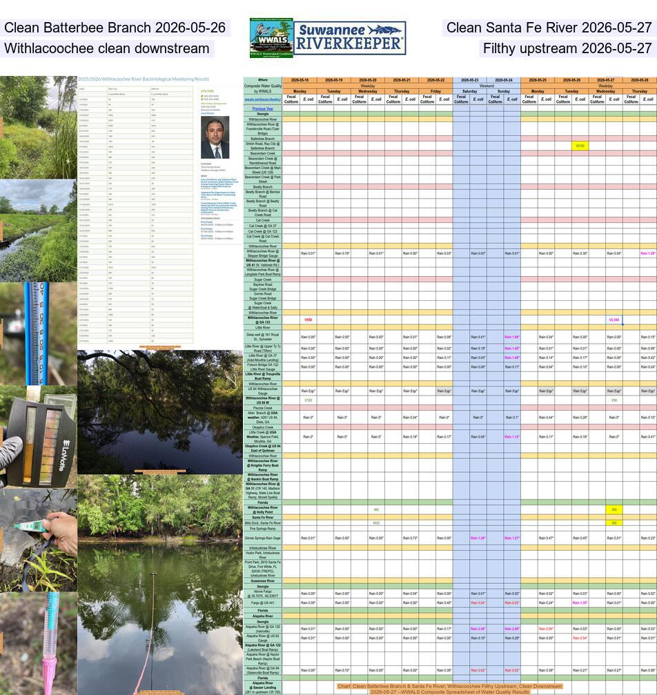 Clean Batterbee Branch 2026-05-26, Clean Santa Fe River 2026-05-27, Withlacoochee clean downstream, Filthy upstream 2026-05-27