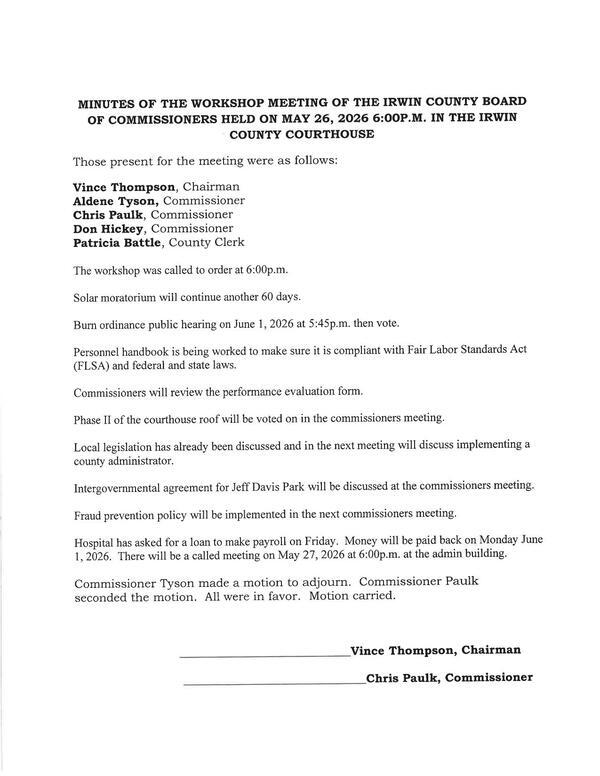 [Minutes, Workshop, 2026-05-26 --Irwin County BOCC]
