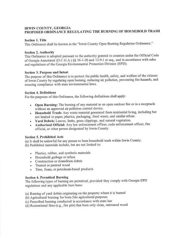 [Proposed Burning Ordinance, 2026-06-01 --Irwin County BOCC]