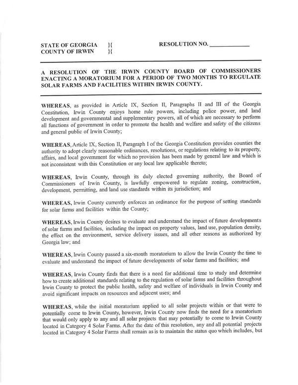 [A RESOLUTION OF THE IRWIN COUNTY BOARD OF COMMISSIONERS ENACTING A MORATORIUM, 2026-06-01, FOR A PERIOD OF TWO MONTHS TO REGULATE SOLAR FARMS AND FACILITIES WITHIN IRWIN COUNTY.]