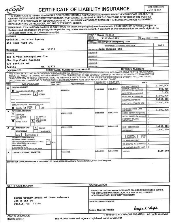 Certificate of Liability Insurance, 2026-04-23 --Irwin County BOCC