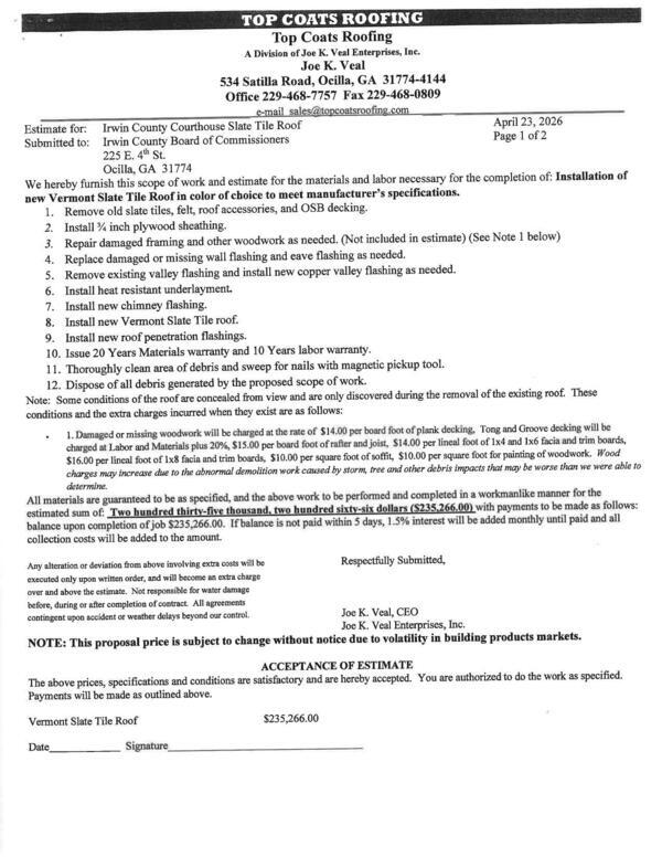 Scope of work and estimate, 2026-04-23, Vermont Slate Tile Roof