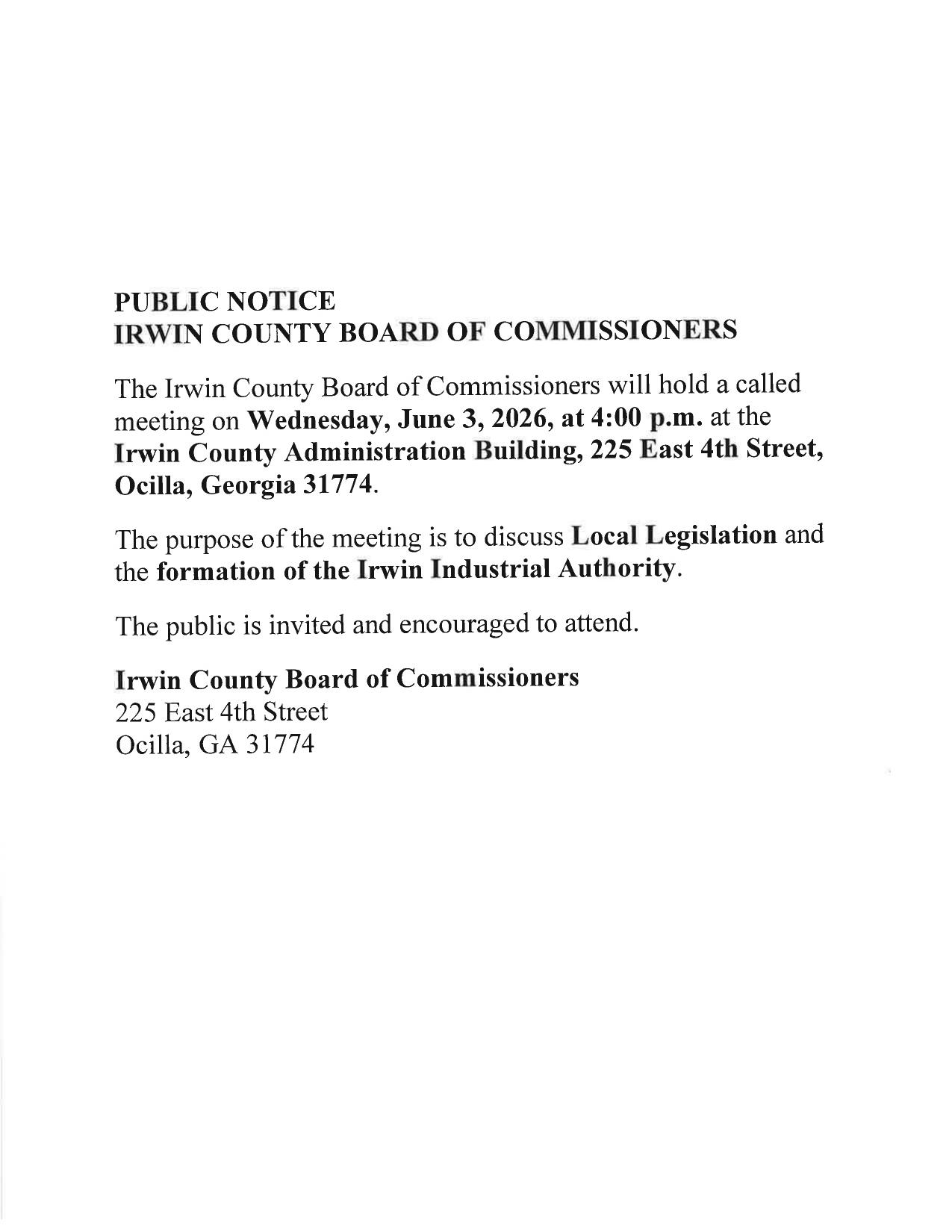 PUBLIC NOTICE for 2026-06-03, Irwin County BOCC meeting