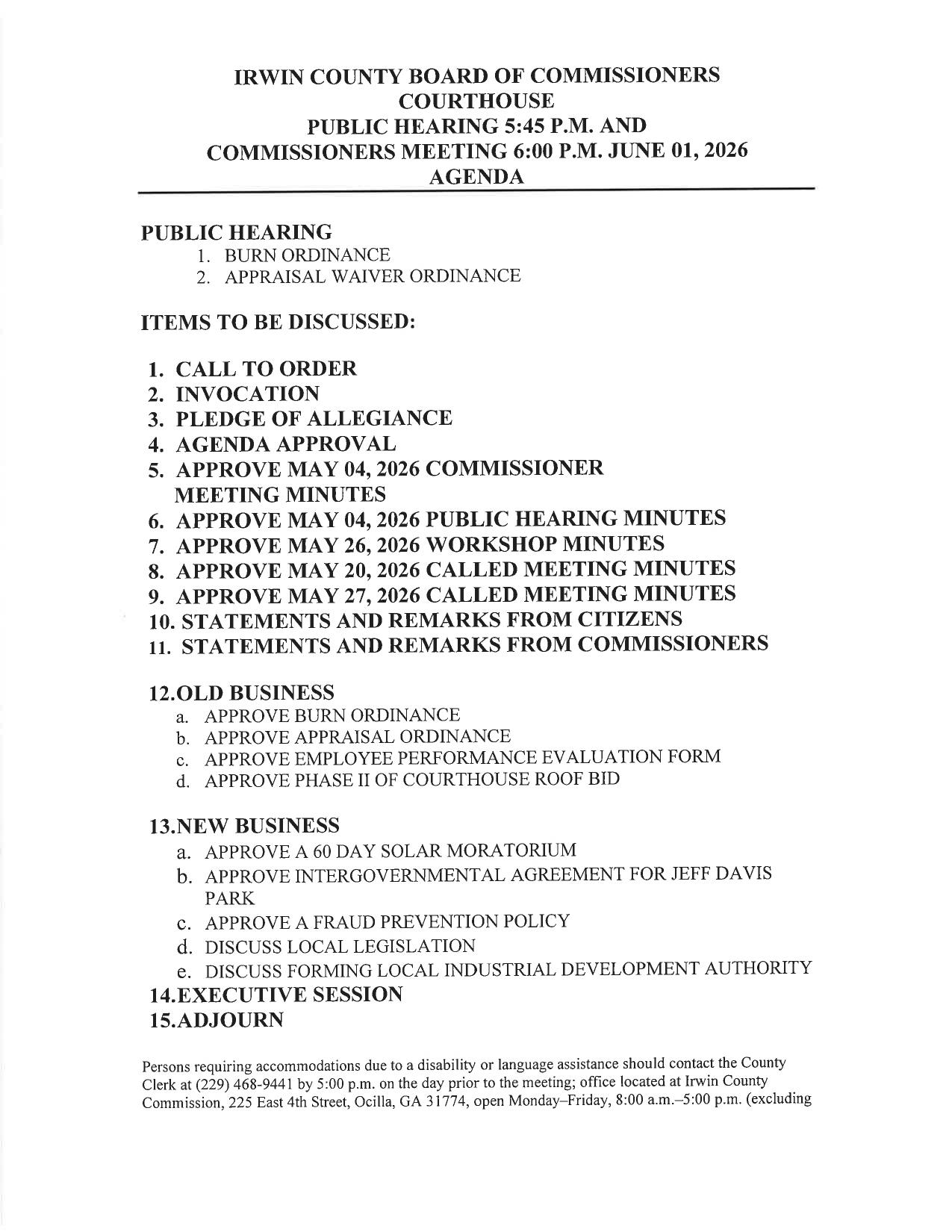 Agenda with 13.e. Local Industrial Development Authority, 2026-06-01, --Irwin County BOCC