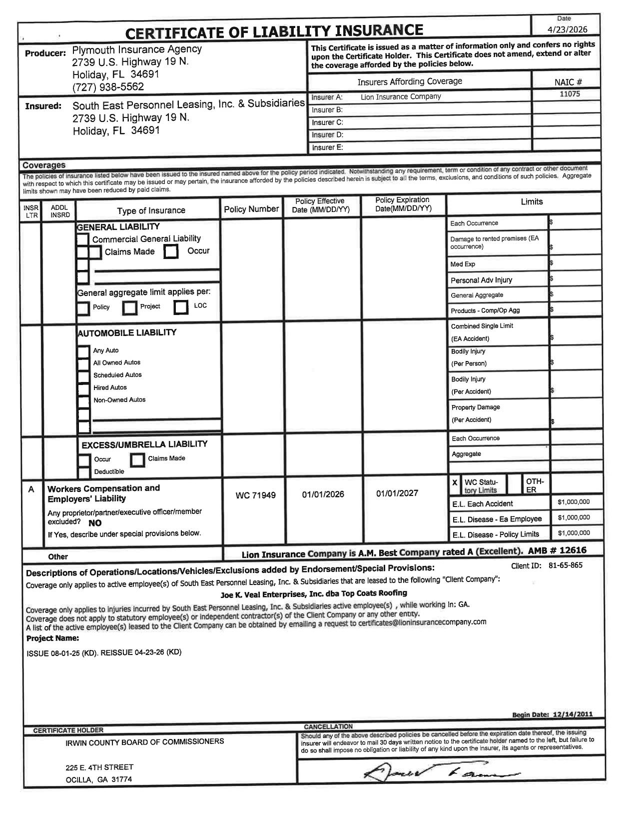 CERTIFICATE OF LIABILITY INSURANCE, 2026-04-23, Plymouth Insurance Agency