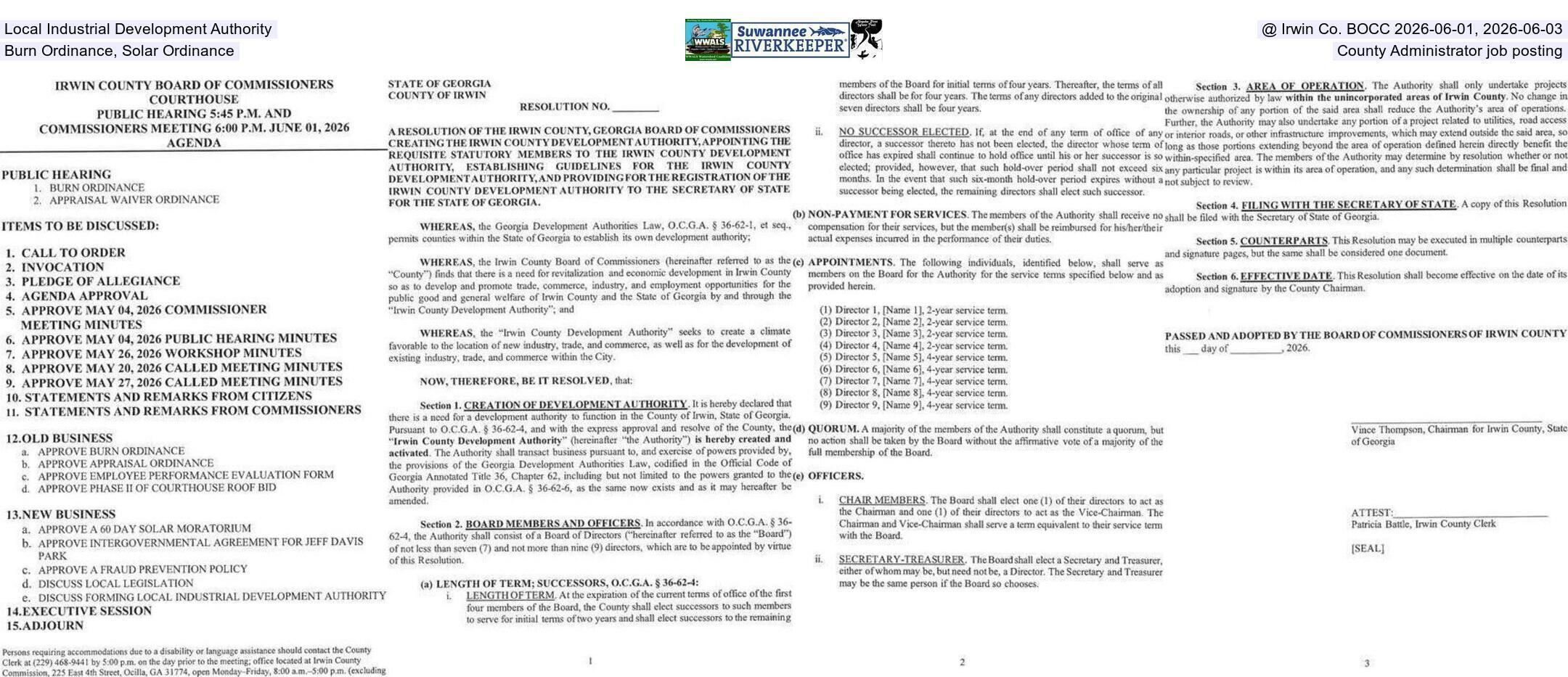 Local Industrial Development Authority @ Irwin Co. BOCC 2026-06-01, 2026-06-03, Burn Ordinance, Solar Ordinance, County Administrator job posting