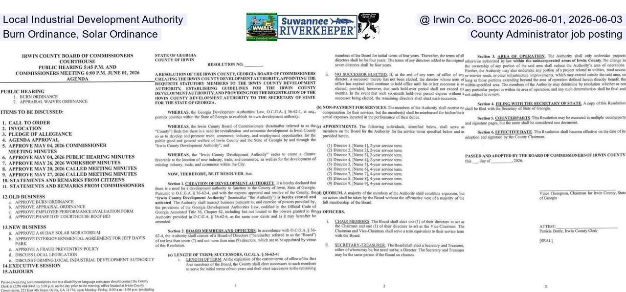 Local Industrial Development Authority @ Irwin Co. BOCC 2026-06-01, 2026-06-03, Burn Ordinance, Solar Ordinance, County Administrator job posting