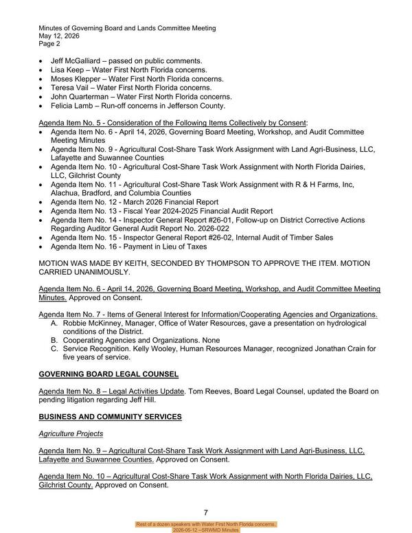 Rest of a dozen speakers with Water First North Florida concerns., 2026-05-12 --SRWMD Minutes