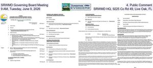 [SRWMD Governing Board Meeting, 4. Public Comment, 9 AM, Tuesday, June 9, 2026, SRWMD HQ, 9225 Co Rd 49, Live Oak, FL]