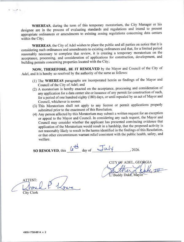 (2) A moratorium is hereby enacted on the acceptance, processing and consideration of any application for a data center site or issuance of any permit for construction of such, for a period of one hundred eighty (180) days, or until repealed by an act of Mayor and Council, whichever is sooner.