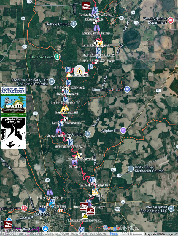 [Map: Deadfalls between Berrien Beach and Lakeland Alapaha River 2026-07-06 --Alapaha River Water Trail (ARWT)]