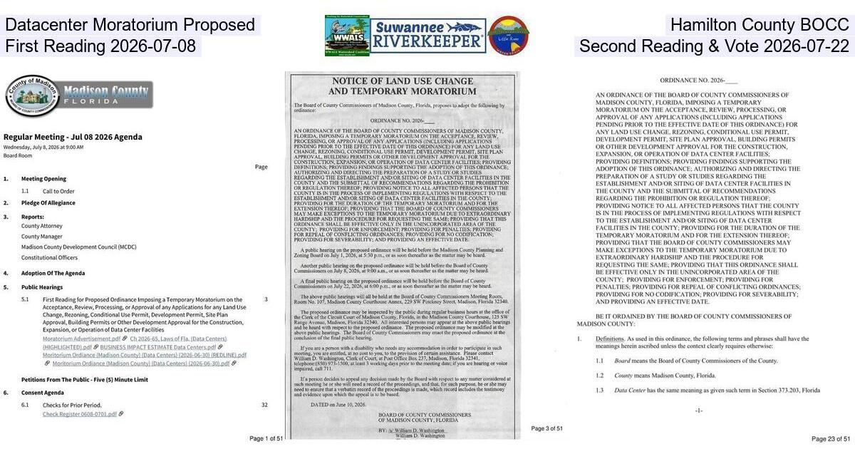 Datacenter Moratorium Proposed, Hamilton County BOCC, First Reading 2026-07-08, Second Reading & Vote 2026-07-22