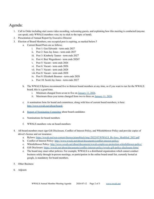 Annual Report and Election of Board Members, 2026-07-12 --WWALS Annual Member Meeting Agenda